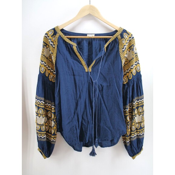 Ecote Womens Embroidered Blouse Top Blue Long‎ sleeve Size Small - Picture 1 of 9